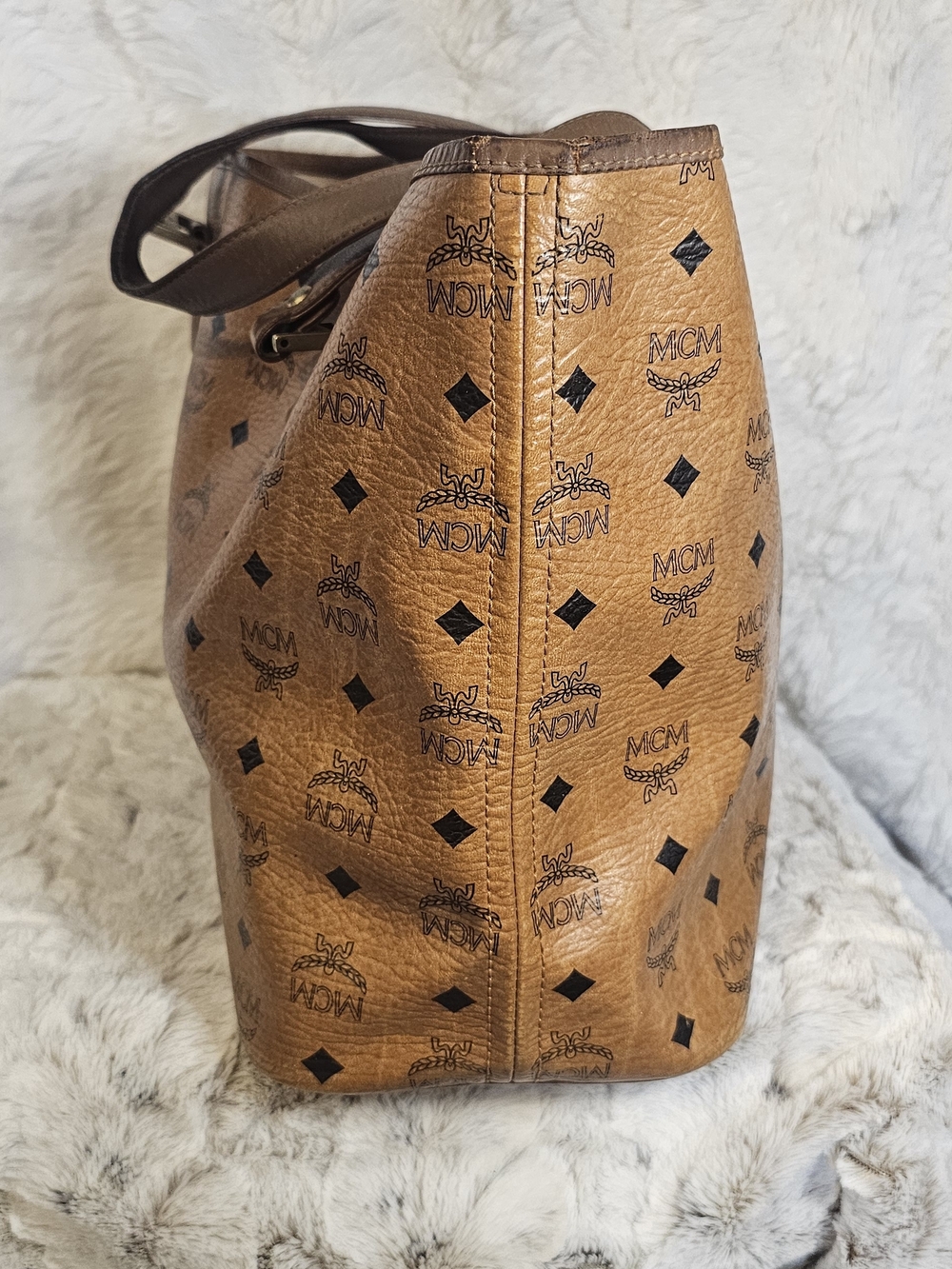 MCM Cognac Monogram Tote with Pink Center Stripe - Picture 5 of 16